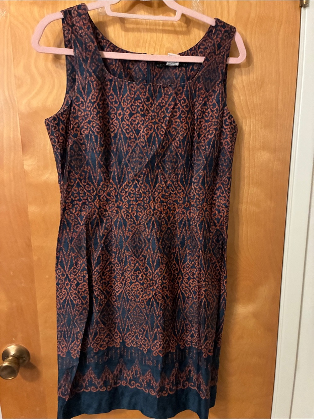 Peruvian Connection Sleeveless Navy and Rust Patterned Sheath Dress Sz 10